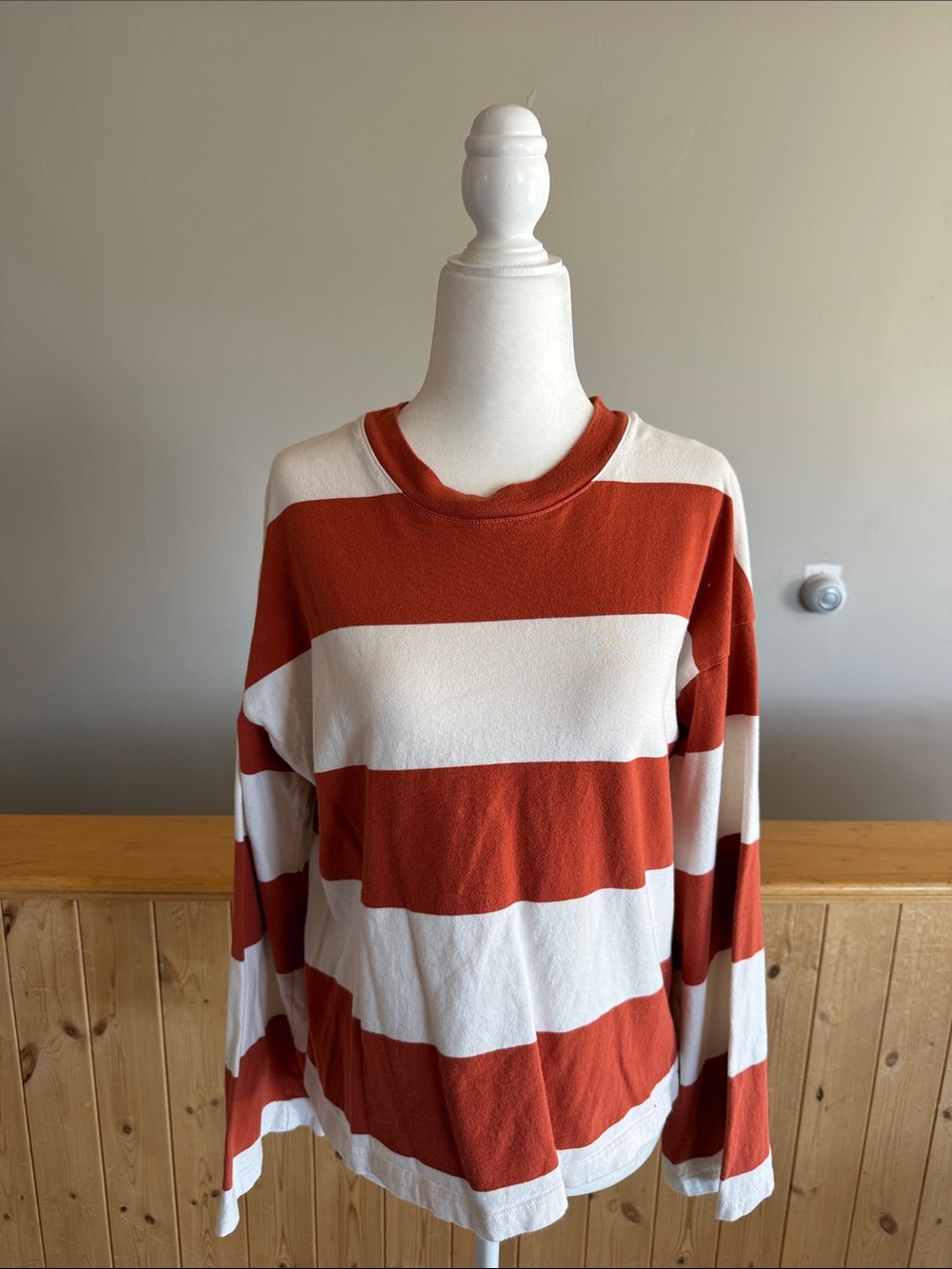 Madewell Rust Orange and White Wide Stripe Long Sleeve Tee